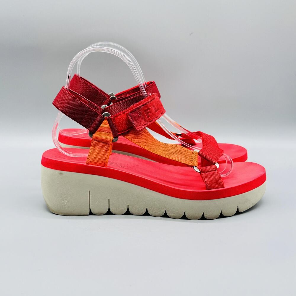 Fly London Sandals Womens 8.5 Red Orange Wedge Platform Hook & Loop Straps Shoes